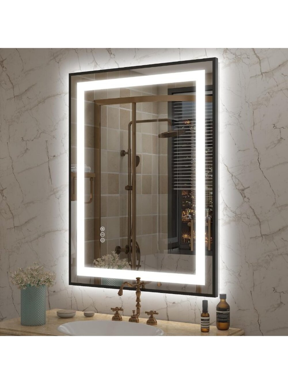 24x32 Lighted LED Bathroom Mirror - Black Frame, Dimmable, Anti-Fog
